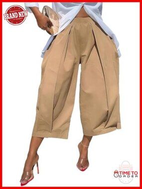 Women High Waisted Wide Leg Cropped Pants Loose Fit Palazzo Work Capri Pleated